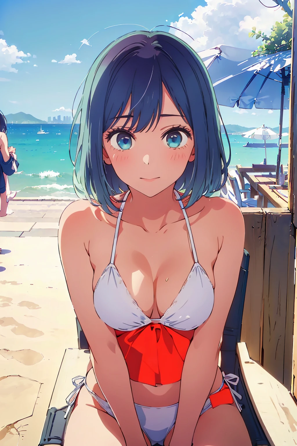 (Highest quality:1.4、8k:1.4,detailed),F cup bust、Big Breasts、Slim and beautiful arms、Slim body、Very white beautiful skin、((((1 person、smile、Swimwear、smile、sit、Chair、In the background are the urban buildings of Tokyo、Outdoor café terrace、coastal、Navy hair color、juice、Cheek cane on table、She is wearing a white side-string high-leg bikini、Get up close and take a photo、Very cute face))))、looking at the camera、Very beautiful face、Very blue sky、A completely cloudless sky、She tilted her head slightly、The atmosphere is bright and lively、The woman is at the center of the image。