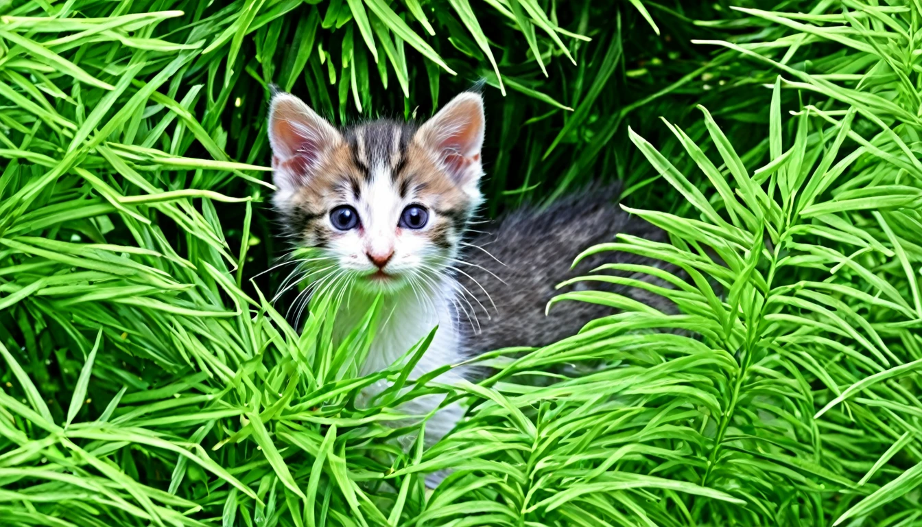 Skinny kitten peeking out from the bushes。The hair is unkempt、There&#39;s a hint of anxiety in his eyes。