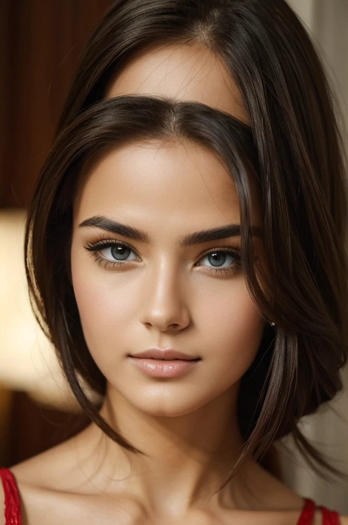 (Obra maestra, mejor calidad, photorealista, high resolution, Photography, :1.3), toma muy cercana, Sharp focus, 1 chica morena, chica europea, hot model, ojos y pupilas muy detallados, realista skin, forma de cuerpo delgado, escote, cabello extremadamente detallado, cara delicada y sexy, mirada sensual, labios brillantes, ((Llevar camiseta sin mangas con cremallera)), exterior, ((realista, super realista, realism, realista detail))