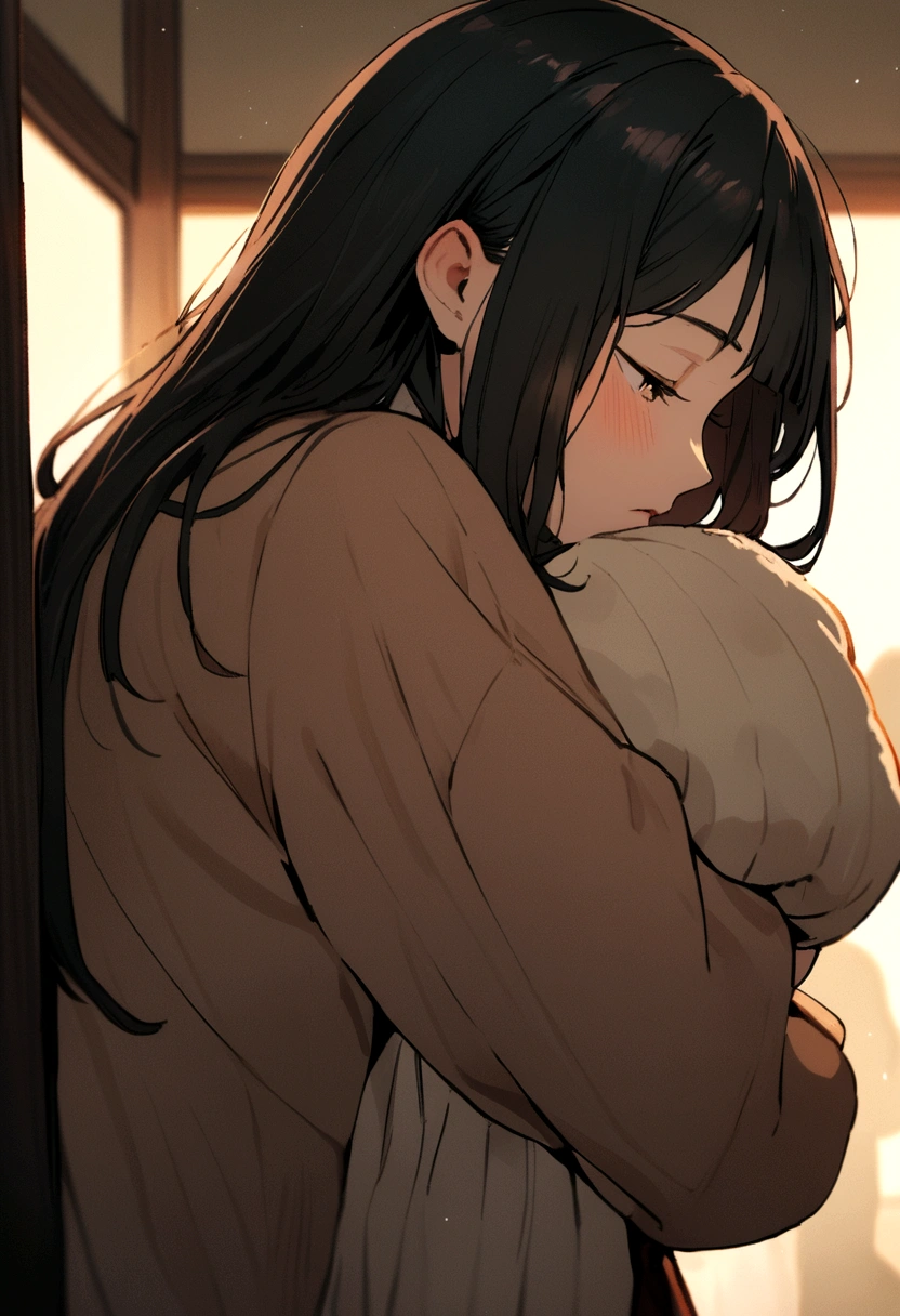 Girl hugging boyfriend from behind, side view, cozy background