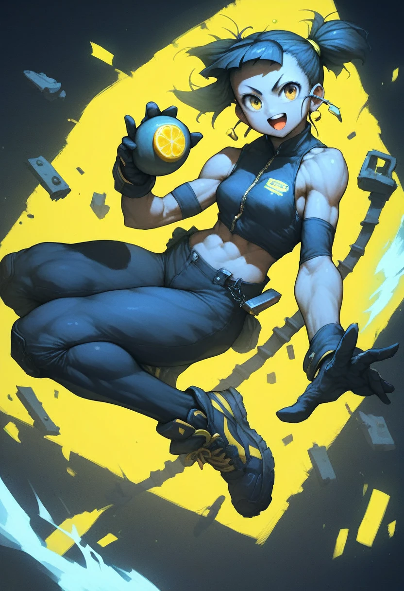 1girl, posing, micro bangs hair, style based on lemon, lemons floating in the air, score_9, score_8_up, score_7_up, score_6_up, score_5_up, score_4_up, rating_sfw, rating_acceptable, anime dark theme, low light, (Masterpiece:1.3) (best quality:1.2) (high quality:1.1), sfw