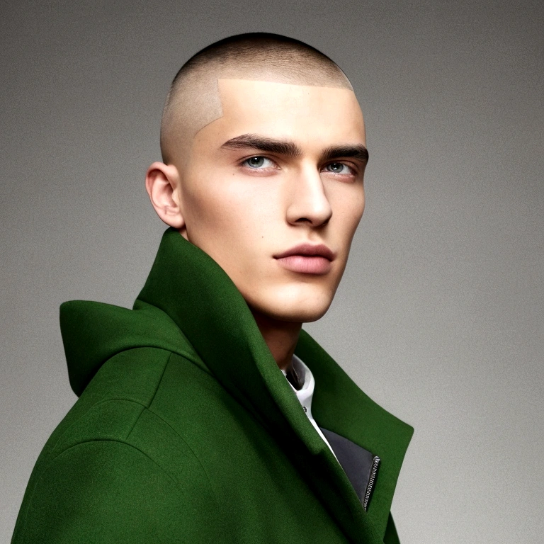 A young man with buzz cut hair, wearing a coat that imitates hair. perfectly centered. infinite green background.