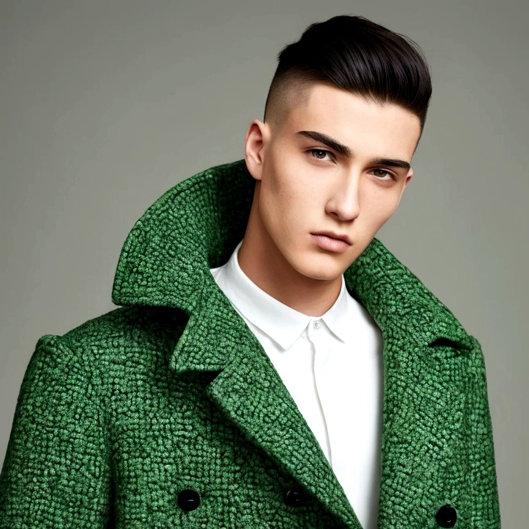 A young man with buzz cut hair, wearing a coat that imitates hair. perfectly centered. infinite green background.