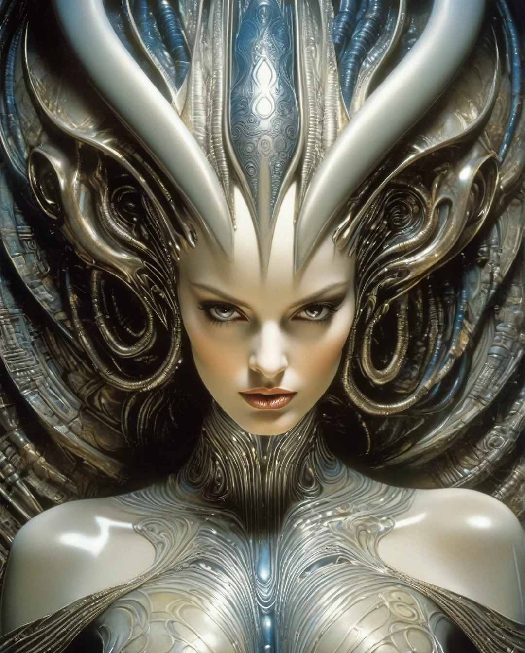 Strong contrast, hr giger art, flowing contours, biomechaical; airbrush, strange, eerie fashion magazine cover, art deco border, porcelain and platinum, A futuristic looking woman with porcelain skin, perfect shadows, dynamic action pose, atmospheric lighting, volumetric lighting, sharp focus, focus on eyes, masterpiece, professional, award-winning, exquisite detailed, highly detailed, UHD, 64k, detailed eyes, detailed face, detailed skin..... (best quality,4k,8k,highres,masterpiece:1.2),ultra-detailed,(realistic,photorealistic,photo-realistic:1.37),alternative reality,telepathic,psychic powers,mind reading,third eye,mind bending,intense gazing,parallel universe,Yoshitaka Amano style,dreamlike,fantasy,vivid colors,soft lighting