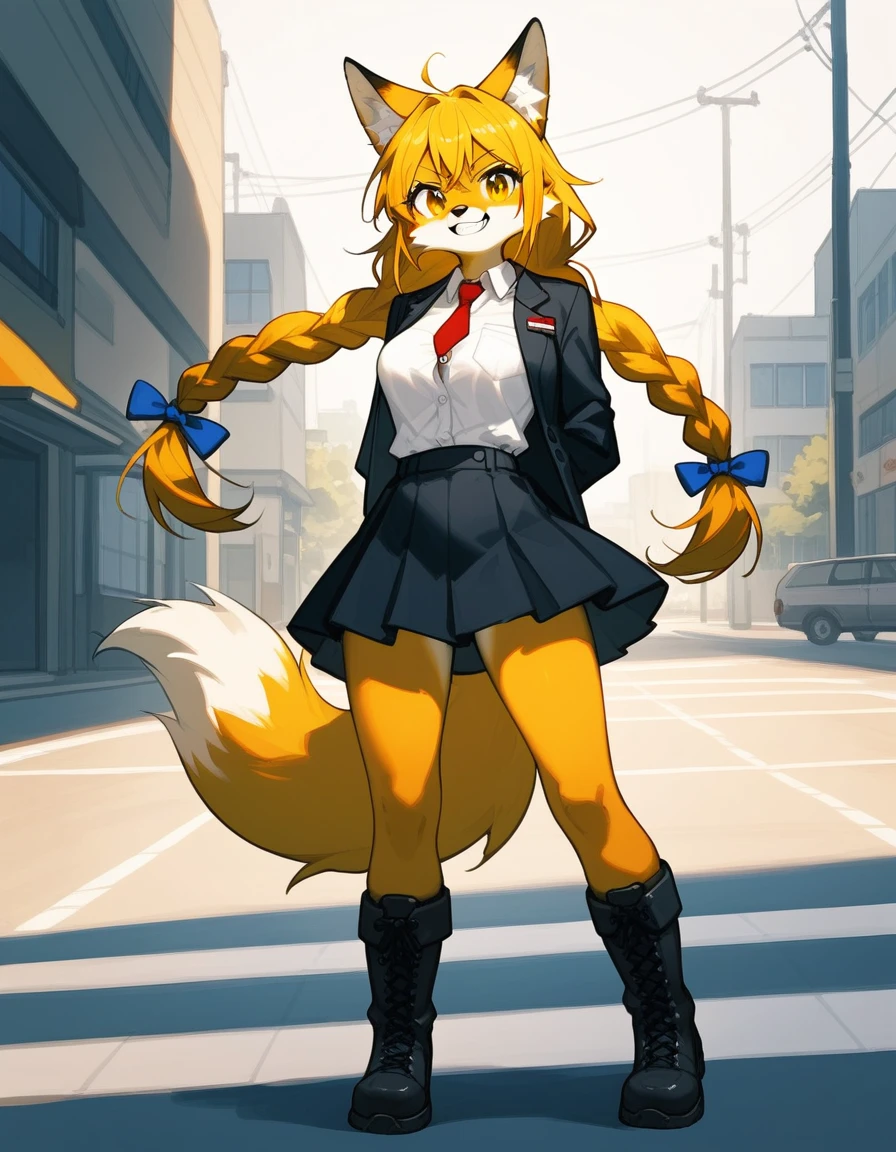 , score_9,score_8_up,score_7_up, source_furry, An anthro furry fox girl, yellow furry fox girl, yellow eyes, yellow fox ears, blonde hair, long braided hair, snout, black nose, wearing black blazer, white button up shirt. Black skirt, black combat boots, hands behind her back, coy pose, outdoors, on a school campus, standing, grinning, canine teeth