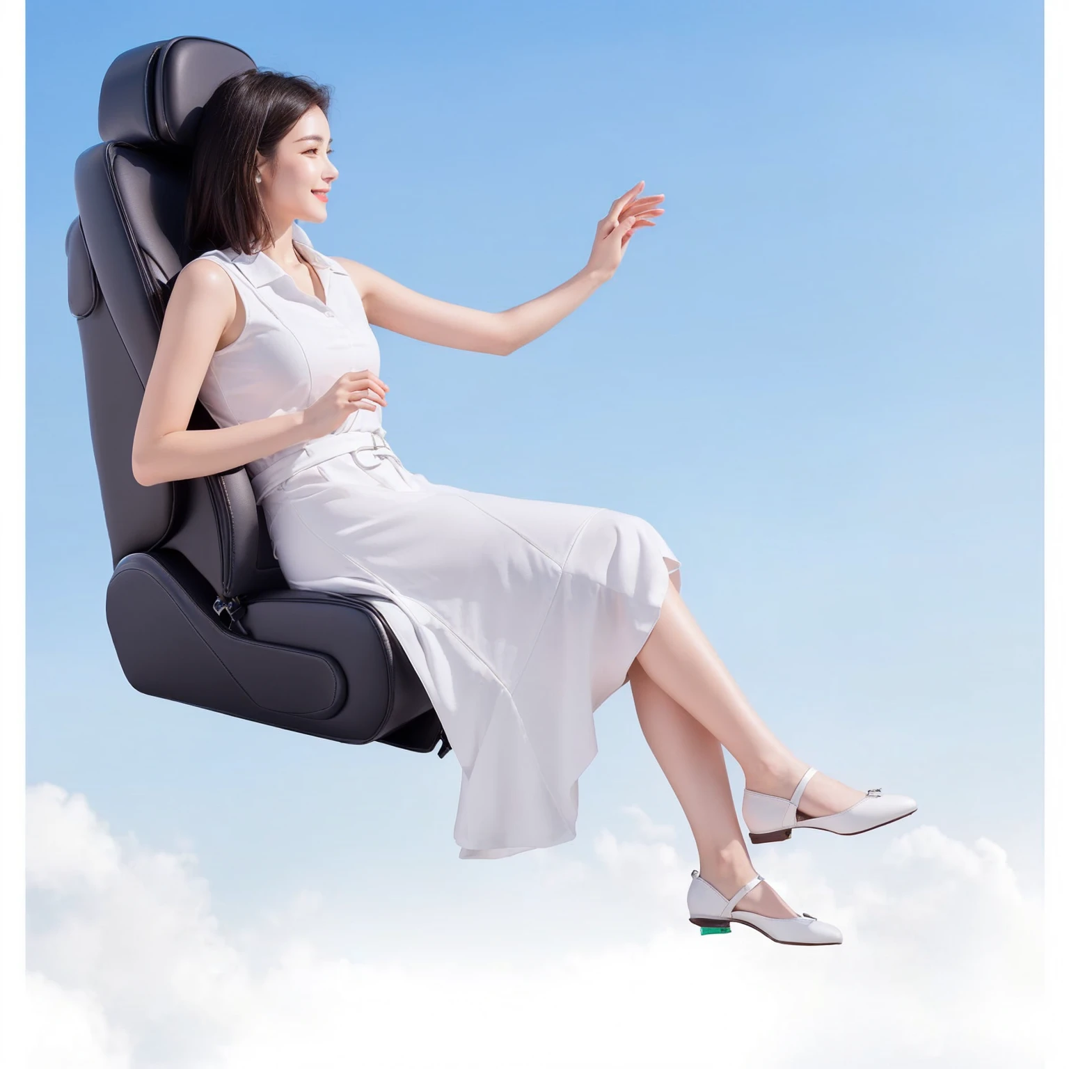 High Detail，Best quality，Textured Skin，Accurate hand movements，Car seat，Leather texture，Sit, relax and be happy，Elegant floating posture, Sitting on the throne，480p