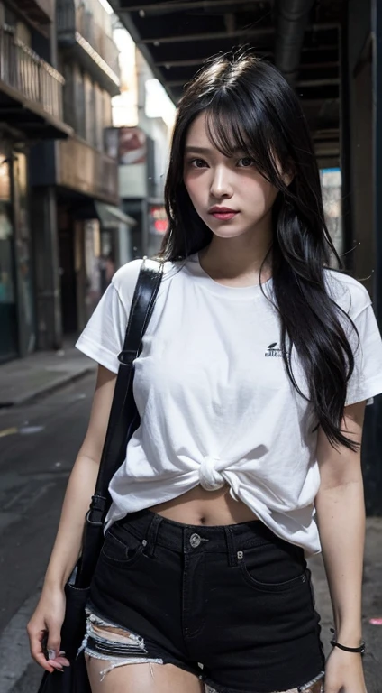 "A young woman with long black hair in a dynamic pose in an urban, industrial setting. She is wearing a white t-shirt, dark shorts, and has a jacket tied around her waist. Her hair is captured in mid-motion, giving a sense of energy and movement. The background features a grungy, graffiti-covered environment with dim, ambient lighting coming from windows and a hanging light bulb. The atmosphere is intense, with a mix of cool and warm tones highlighting the gritty, street-style aesthetic."

Feel free to modify the prompt to better match your specific needs or the capabilities of the AI tool you're using.