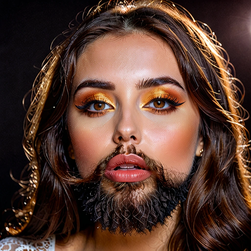 bearded bearded woman, brown hair, amber eyes, kisses the void with her mouth
