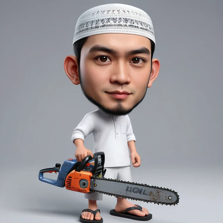 Photo real realistic 4D caricature, big head, full body, an adult man with an Asian face, 30 years old, clean face, neat undercut black hair, wearing a black skullcap,wearing a white Koko Muslim shirt, flip-flops, standing pose facing forward while holding a chainsaw, gray background 