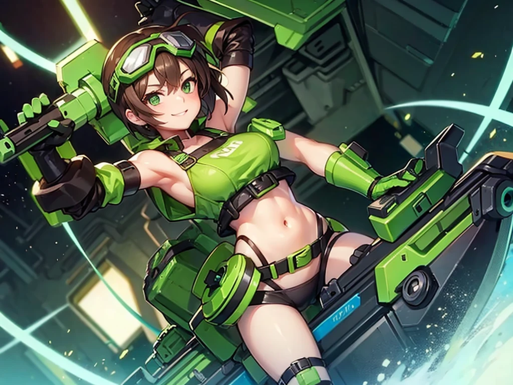 A girl wearing a green power loader,short brown hair,smile,goggles,