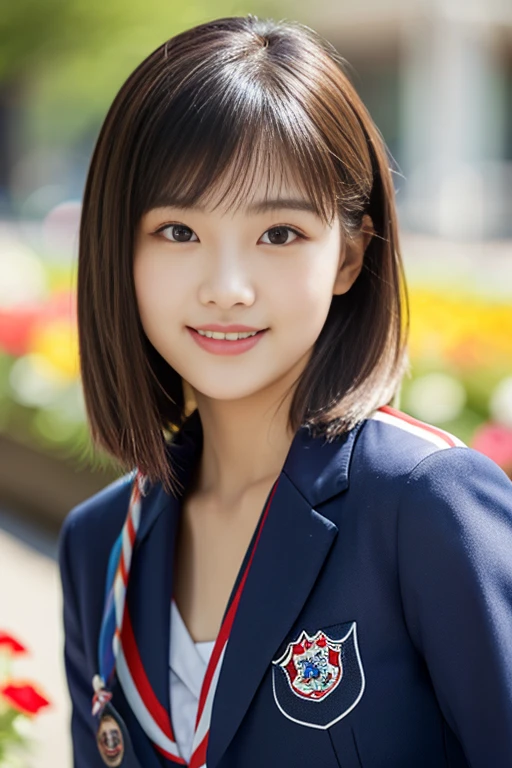 lens: 135mm f1.8, (Highest quality), (Beautiful 14 year old Japanese girl), (Moisturized lips), Narrow eyes, double eyelid, Delicate clavicle, Flat Chest , Embarrassed about my small, undeveloped breasts, smile, (Spotted sunlight: 1.2), Professional Lighting, (Petite figure), (Sunburned skin: 0.2), Full body photo, Full Body Focus, (Kneeling)、A neat and tidy honor student、Slender body、(A with a navy blue blazer:1.5)、Boyish, very very short hair in a ponytail、Stylish white bedroom、Ribbon on chest、Sweep all your hair back、