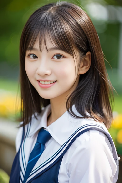 (((full bodyesbian)))、((Girls' High School Uniforms))、((1a person))、short ponytail hair、short bob hair、Close to the subject、((a school flower beds)))、(((ssmile)))、(((Girls' High School)))、((a beauty girl))、((sexy pose))、Photorealsitic、Beautiful detailed eyes、Hyper-Realism、high contrast、Ultra HD、realistic skin textures、Top image quality、top-quality、超A high resolution、Fine details、Very meticulously、well-endowed round bosom, bokeh