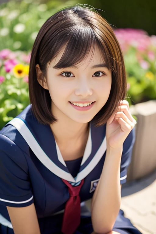 (((full bodyesbian)))、((Girls' High School Uniforms))、((1a person))、short ponytail hair、short bob hair、Close to the subject、((a school flower beds)))、(((ssmile)))、(((Girls' High School)))、((a beauty girl))、((sexy pose))、Photorealsitic、Beautiful detailed eyes、Hyper-Realism、high contrast、Ultra HD、realistic skin textures、Top image quality、top-quality、超A high resolution、Fine details、Very meticulously、well-endowed round bosom, bokeh