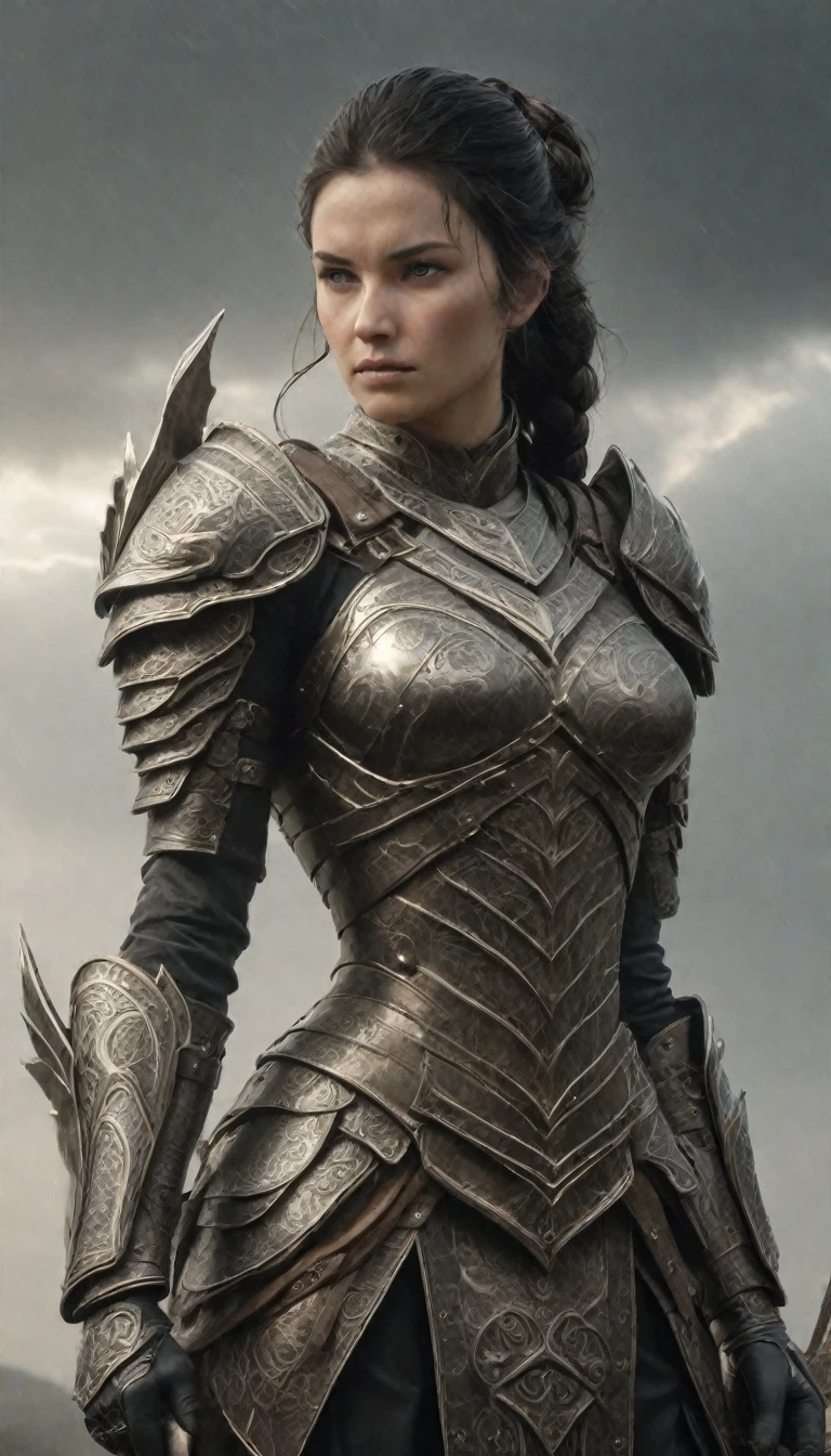 A formidable female lancer stands at the ready, exuding an aura of unyielding strength and valor. She is clad in robust, dark steel armor that is both functional and beautifully adorned with intricate patterns of ancient runes and battle-worn scars, telling tales of numerous victorious battles. Her pauldrons are large and protective, each engraved with the emblem of a fierce dragon, symbolizing her prowess and indomitable spirit.

Her helmet, with a T-shaped visor, rests under her arm, revealing her fierce yet striking features: intense green eyes that seem to pierce through the darkness, a cascade of raven-black hair tied back into a practical yet elegant braid, and a determined, resolute expression that speaks of her unwavering dedication to her cause. A scar runs down her left cheek, adding to her hardened, battle-ready appearance.

In her hands, she wields a magnificent lance, its shaft made of enchanted, darkwood and its tip gleaming with sharpness, etched with magical symbols that pulse with a faint blue glow. The lance is nearly as tall as she is, balanced perfectly for both defense and devastating attacks. Her gauntlets are reinforced with additional plating, allowing her to maintain a firm, unbreakable grip on her weapon.

The background showcases a rugged battlefield under a stormy sky, with flashes of lightning illuminating the scene. Her comrades in arms, equally resolute, stand behind her, forming a solid line of defense. The ground is littered with remnants of past skirmishes, and the air is thick with the tension of an impending clash.

Overall, the scene captures the essence of a powerful female lancer, ready to lead her allies into battle with unwavering courage and unmatched skill.