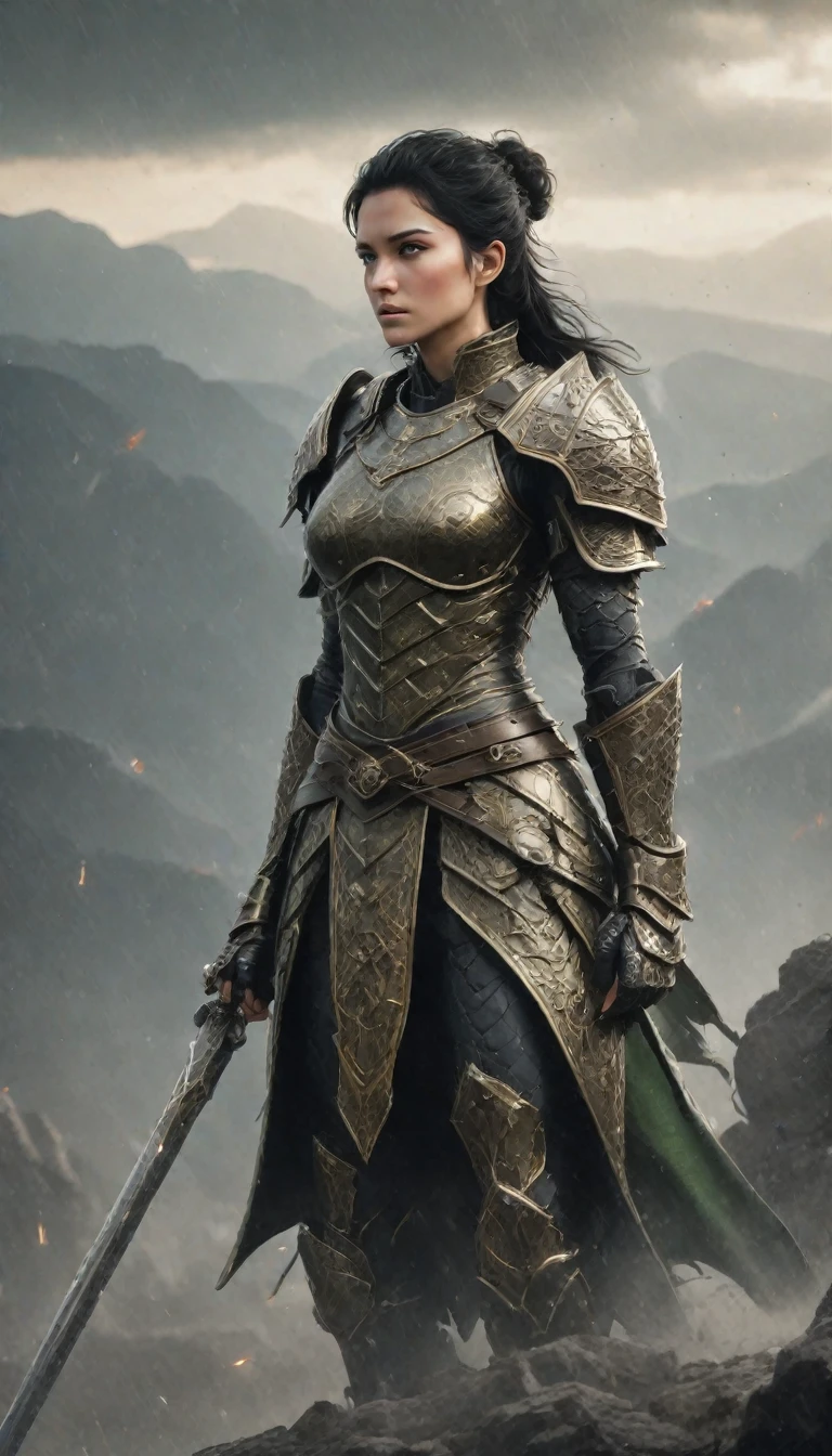 A formidable female lancer stands at the ready, exuding an aura of unyielding strength and valor. She is clad in robust, dark steel armor that is both functional and beautifully adorned with intricate patterns of ancient runes and battle-worn scars, telling tales of numerous victorious battles. Her pauldrons are large and protective, each engraved with the emblem of a fierce dragon, symbolizing her prowess and indomitable spirit.

Her helmet, with a T-shaped visor, rests under her arm, revealing her fierce yet striking features: intense green eyes that seem to pierce through the darkness, a cascade of raven-black hair tied back into a practical yet elegant braid, and a determined, resolute expression that speaks of her unwavering dedication to her cause. A scar runs down her left cheek, adding to her hardened, battle-ready appearance.

In her hands, she wields a magnificent lance, its shaft made of enchanted, darkwood and its tip gleaming with sharpness, etched with magical symbols that pulse with a faint blue glow. The lance is nearly as tall as she is, balanced perfectly for both defense and devastating attacks. Her gauntlets are reinforced with additional plating, allowing her to maintain a firm, unbreakable grip on her weapon.

The background showcases a rugged battlefield under a stormy sky, with flashes of lightning illuminating the scene. Her comrades in arms, equally resolute, stand behind her, forming a solid line of defense. The ground is littered with remnants of past skirmishes, and the air is thick with the tension of an impending clash.

Overall, the scene captures the essence of a powerful female lancer, ready to lead her allies into battle with unwavering courage and unmatched skill.