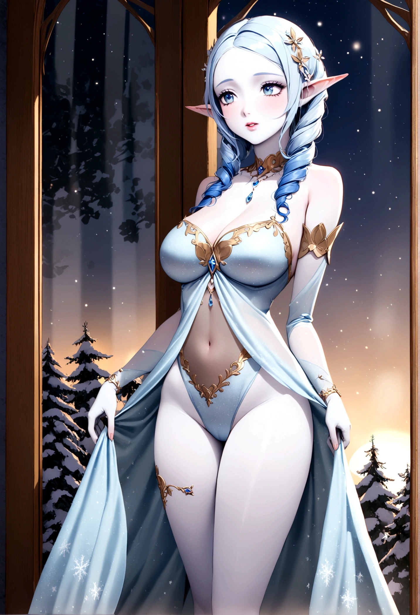 A ice elf (lovely woman, pale blue skin, deep blue hair and eyes, sheer reflective evening dress) acting alluring in a winter wonder land