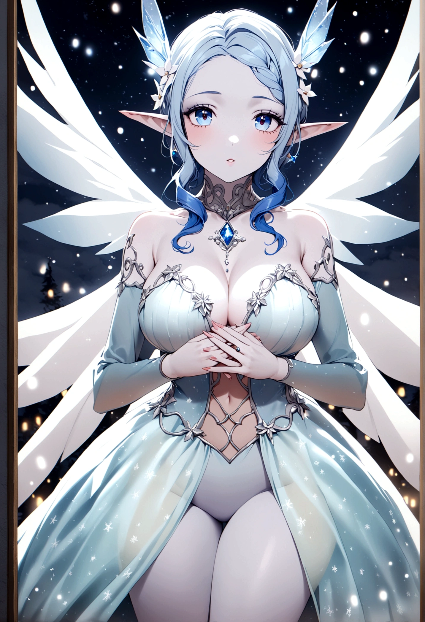 A ice elf (lovely woman, pale blue skin, deep blue hair and eyes, sheer reflective evening dress) acting alluring in a winter wonder land