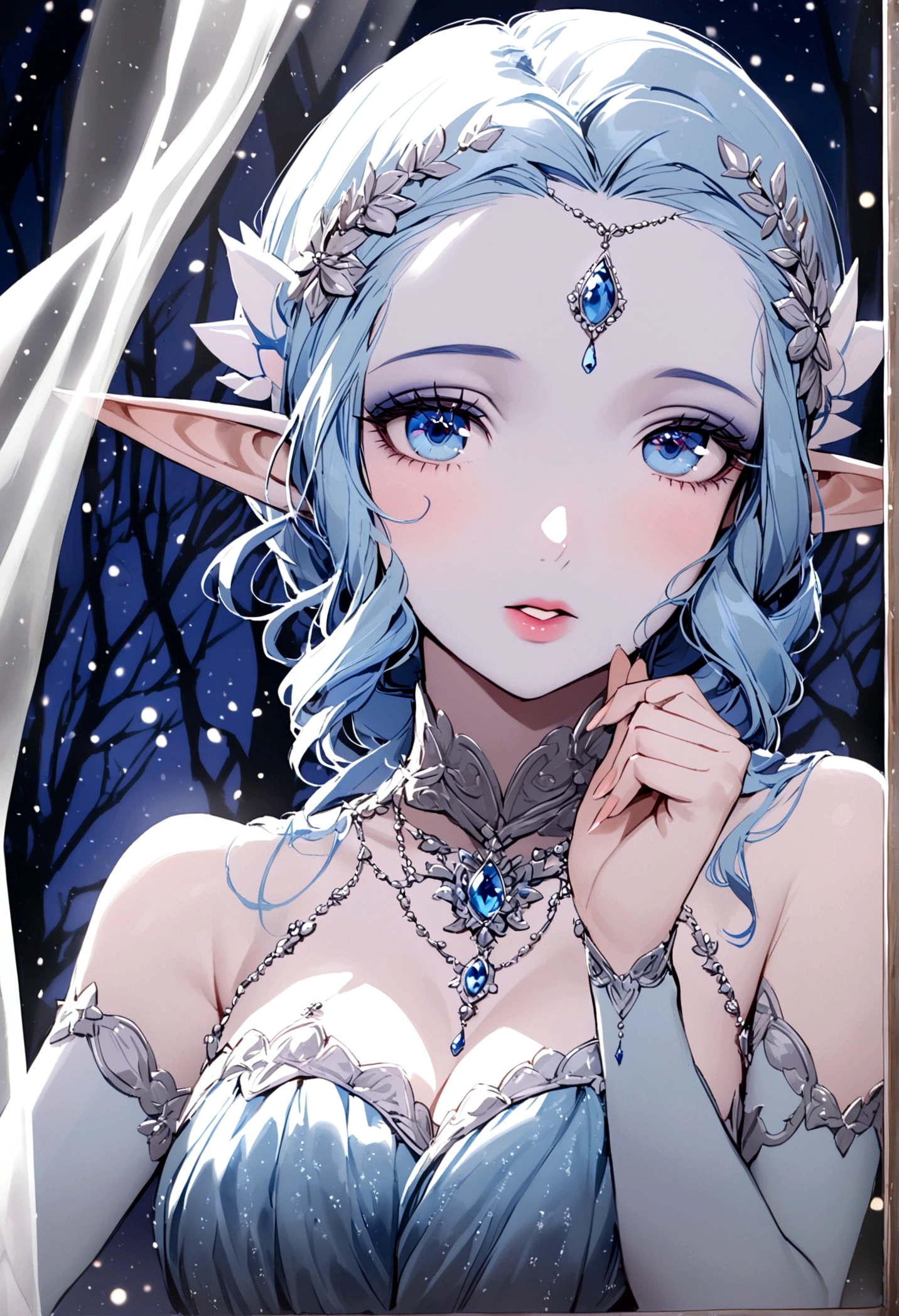 A ice elf (lovely woman, pale blue skin, deep blue hair and eyes, sheer reflective evening dress) acting alluring in a winter wonder land