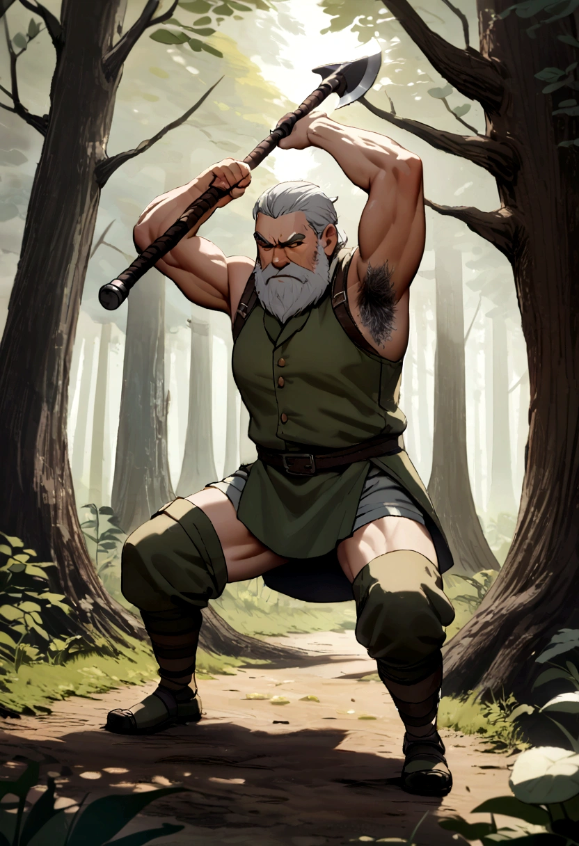 Dwarf　Warrior　Light clothing　Swing the axe up　Armpit hair　Stretch both feet forward and backward　Gray Hair　in the forest　In combat