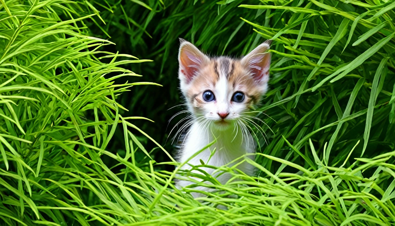 A cute, skinny kitten peeking out from the bushes。The hair is unkempt、There&#39;s a hint of anxiety in his eyes。