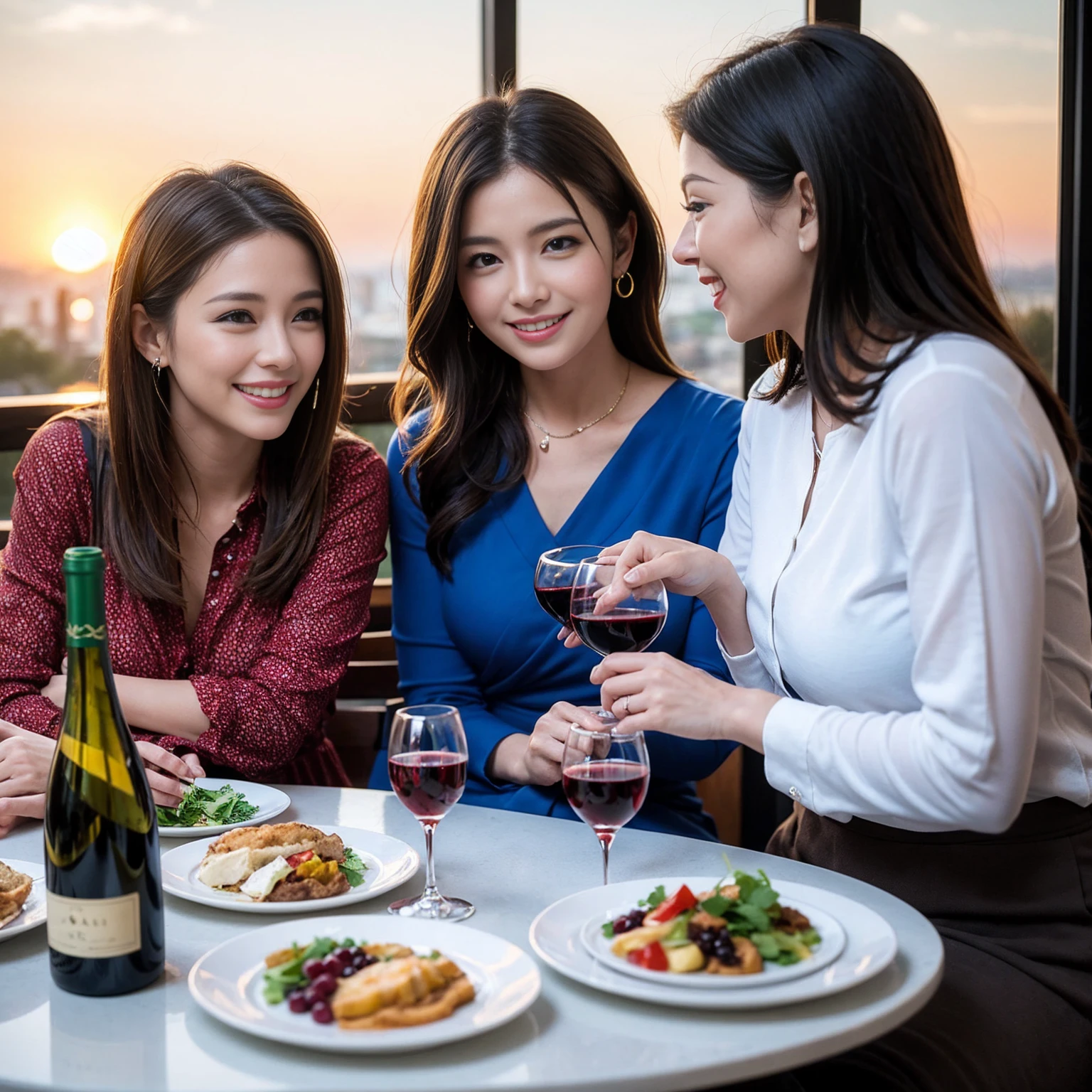 ((Highest quality、8k、masterpiece:1.3))、 (Genuineistic, Genuine、Bright image、Intricate details:1.2), 最高のsmile、1 male 1 female、Beautiful couple、spouse、fiancee、Good friends、actress couple、smile、A full-course dinner with a full table、 (Slim face), (the body is slim), (Brown Hair), (short hair), テーブルのwine glass、Please shine a light on my face、 Amazing view of the sunset sky and clouds、 (42 years old)38 years old, red wine 、Wine bottle、sparkling wine、Long sleeve shirt、Blue Dress、White wine, red wine, wine glass,