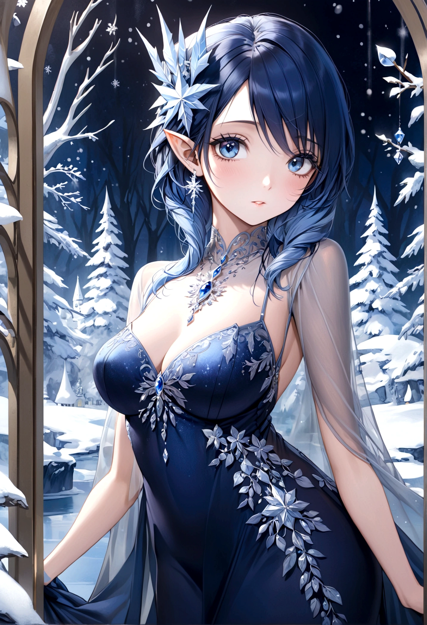 A ice elf (lovely woman, pale blue skin, deep blue hair and eyes, sheer reflective evening dress) acting alluring in a winter wonder land
