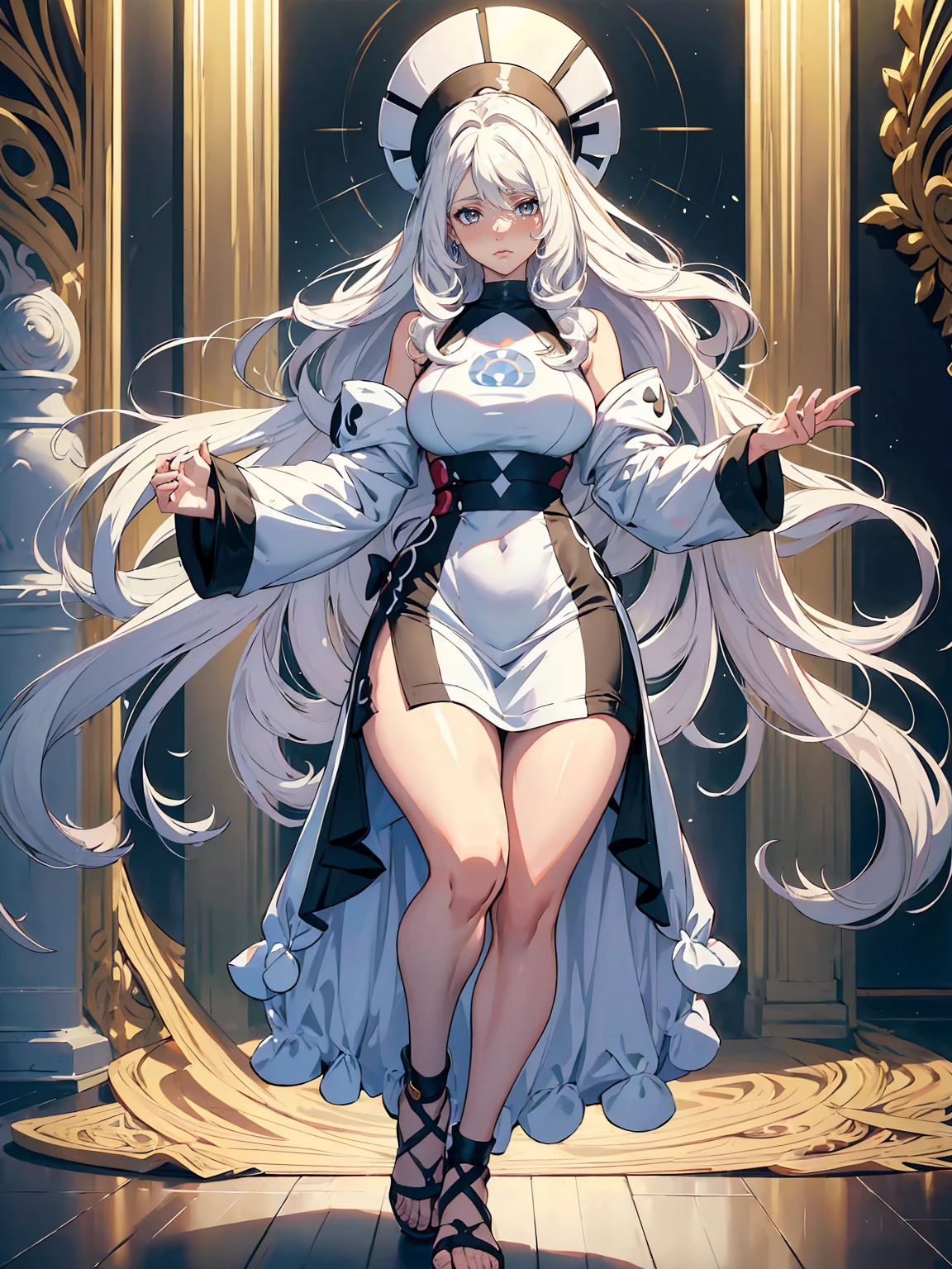 handsome mature woman，Long wavy white hair，Hyperresolution，accuracy，Detailed rendering，（Subtle facial image）（Image of fine hair）（topquality）（Masterpieces of masters）（High degree of completeness）（A sense of atmosphere）tmasterpiece，Super detailed and super detailed（half-body portrait）((Masterpiece, Highest quality)), Detailed face, CharacterDesignSheet, Full of details, Multiple poses and expressions, Highly detailed, Depth, Many parts，Beautiful，Extremely beautiful，High Balance, Natural light, drawn art style, white hair, curly hair down to ankles, ankle length hair, (((Ankle length hair))) (((thick hair))) (((pokemon trainer)))(((Pokemon gym leader))))(((Gym clothes)))(((Sporty outfit)))(((nO DRESS))) (((bAEBALL CAP)))(((Gym outfit)))(((Workout outfit)))(((Portrait)))(((Looking fierce)))(((Fierce expression)))