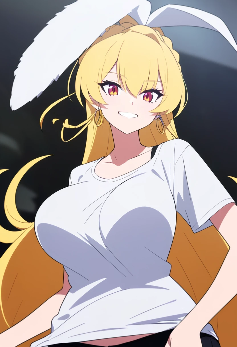 una chica rubia, alta, large breast size, usando sus bragas de color negro. una camisa corta que deja libre su abdomen, la camisa es de color blanco. estilo anime.