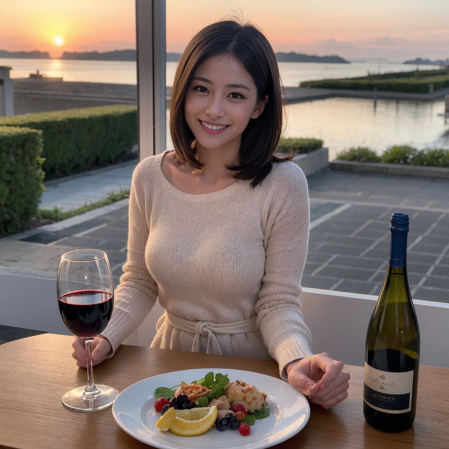 ((Highest quality、8k、masterpiece:1.3))、 (Genuineistic, Genuine、Bright image、Intricate details:1.2), 最高のsmile、1 male,1 female、Beautiful couple、Satomi Ishihara-like lover、Good friends、actress couple、smile、A full-course dinner with a full table、 (Slim face), (the body is slim), (Brown Hair), (short hair), テーブルのwine glass、Please shine a light on my face、 Amazing view of the sunset sky and clouds、 (36 years old)38 years old, red wine 、Wine bottle、sparkling wine、Long sleeve shirt、Pink Dress、White wine, red wine, wine glass, 