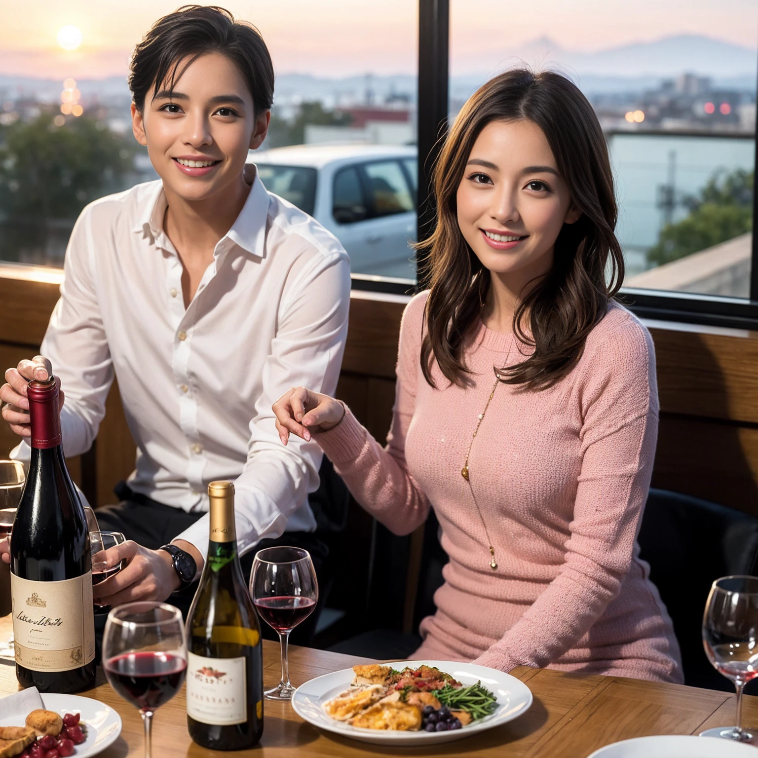 ((Highest quality、8k、masterpiece:1.3))、 (Genuineistic, Genuine、Bright image、Intricate details:1.2), 最高のsmile、1 male,1 female、Beautiful couple、Satomi Ishihara-like lover、Good friends、actress couple、smile、A full-course dinner with a full table、 (Slim face), (the body is slim), (Brown Hair), (short hair), テーブルのwine glass、Please shine a light on my face、 Amazing view of the sunset sky and clouds、 (36 years old)38 years old, red wine 、Wine bottle、sparkling wine、Long sleeve shirt、Pink Dress、White wine, red wine, wine glass, 