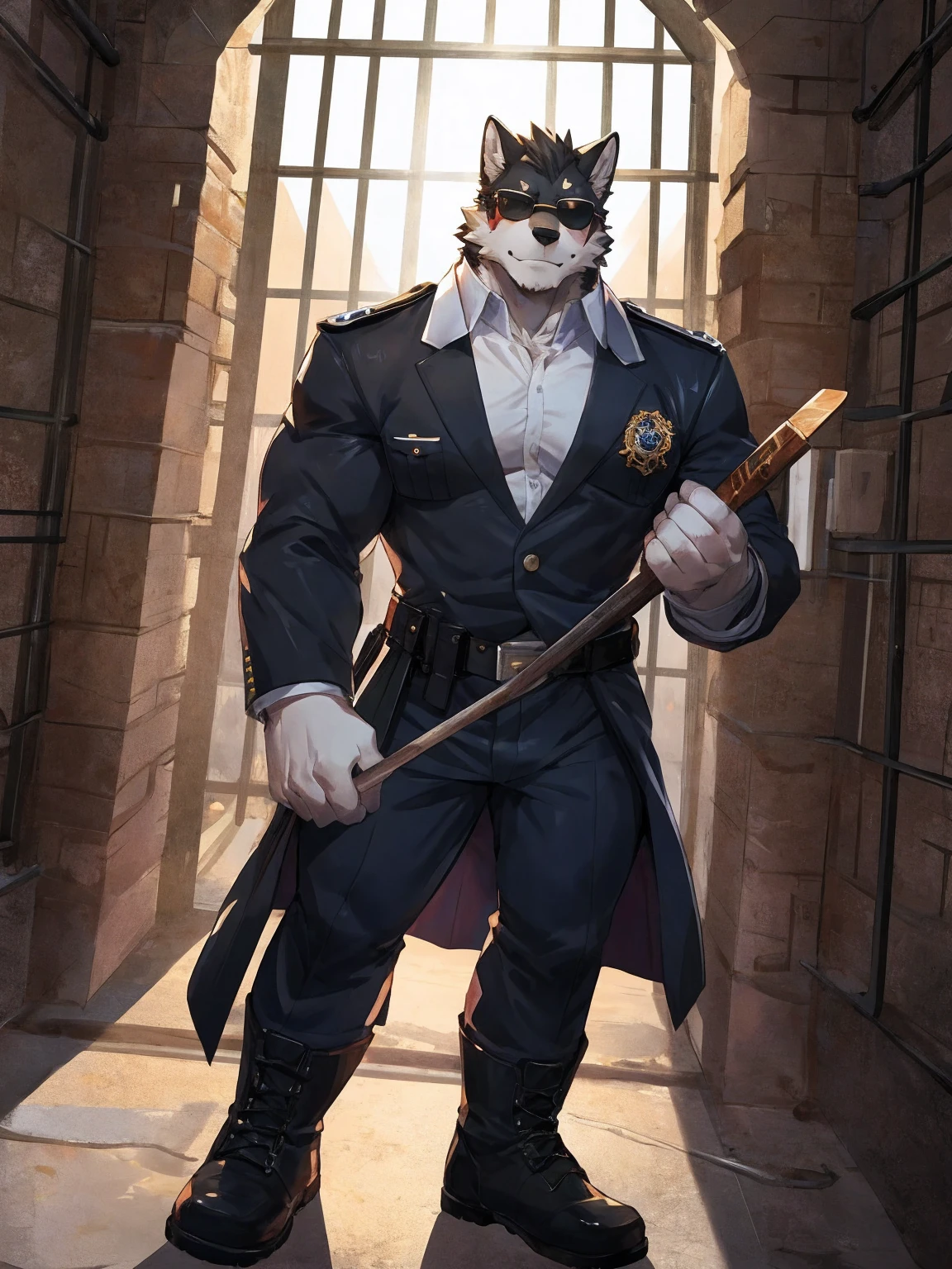 embedding:black wolf, male,Black sunglasses,Scar on the face, scar on the body,Single person,Prison guard,Warden's uniform,Leather boots，Prison scenes,With a baton in hand.A dark cell.The highest quality of scene detail,adult,Tall and powerful,muscle，Best quality hands, best quality eye，detailed fur，Delicate eyes.Extreme picture quality，by sollyz,by zixiong,by milkytiger1145