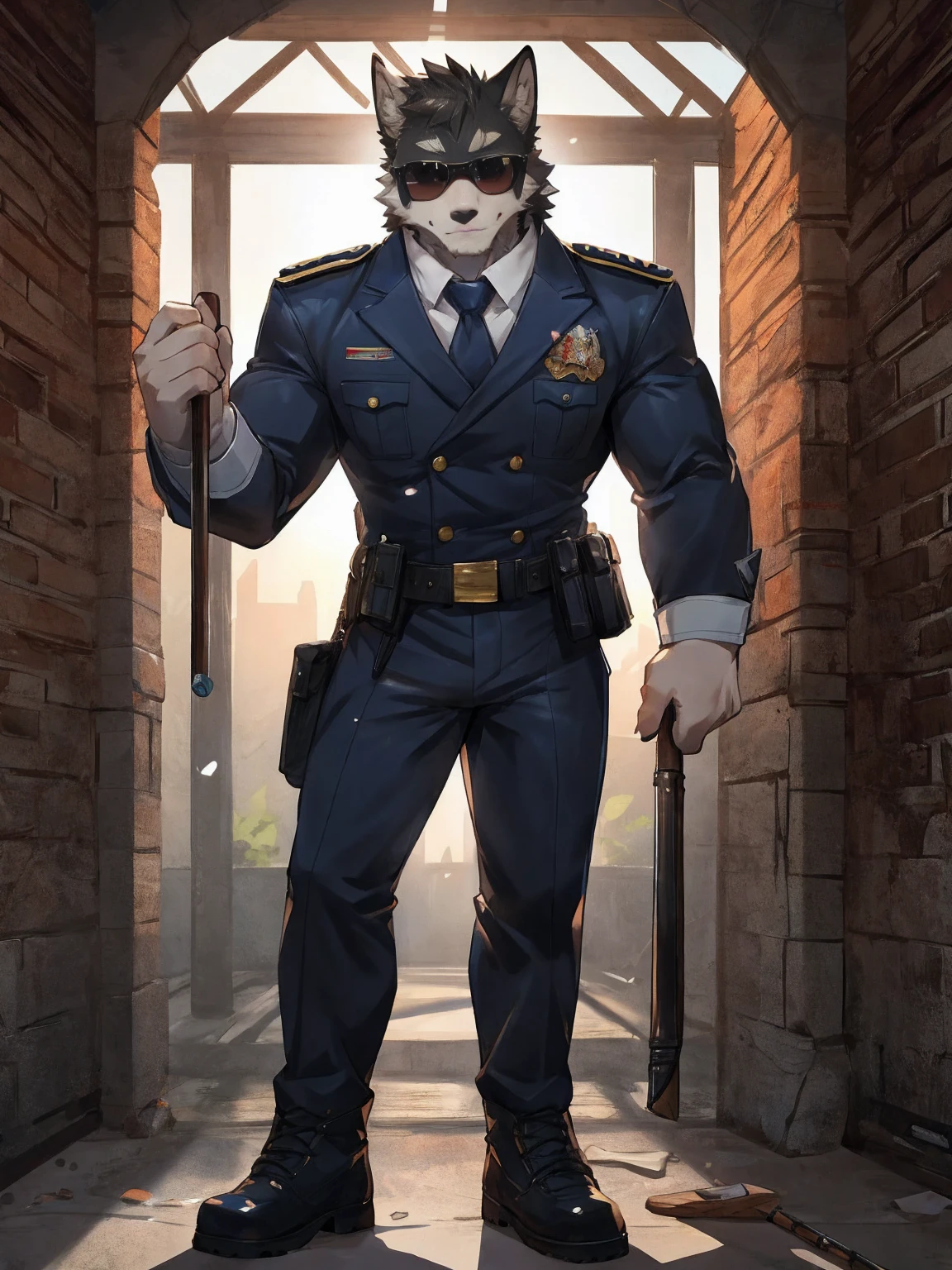 embedding:black wolf, male,Black sunglasses,Scar on the face, scar on the body,Single person,Prison guard,Warden's uniform,Leather boots,Prison scenes,With a baton in hand.A dark cell.The highest quality of scene detail,adult,Tall and powerful,muscle,Best quality hands, best quality eye,detailed fur,Delicate eyes.Extreme picture quality,by sollyz,by zixiong,by milkytiger1145