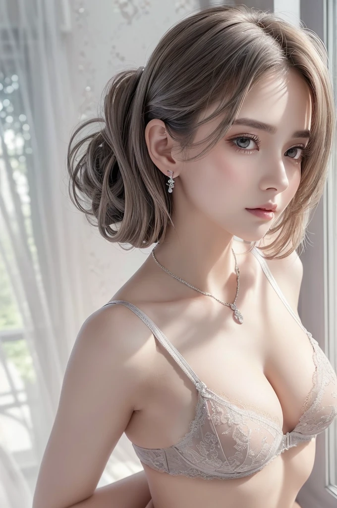 gray lace thong&bra, (((Very elegant and beautiful, Perfect detail, Super detailed))), whole body, The most detailed girl, Depth of written boundary, 美しく詳細なwhole body, Thin legs, 1 girl, 30 years old, Very short hair, Spiked Hair, Gray and silver hair, Beautiful detailed hair, Perfect Face, Expressionless, Beautifully detailed deep eyes, Open your mouth a little, Delicate arms and hands, Pale skin, Earrings, Beautiful and gorgeous necklace, Colorful background, HD background, Blurred Background, Very delicate and beautiful, Masterpiece, (((Highest quality, Very beautiful 8K CG wallpaper))), (((Trendy hairstyles))), (Inside the room,Stylish interior,window),