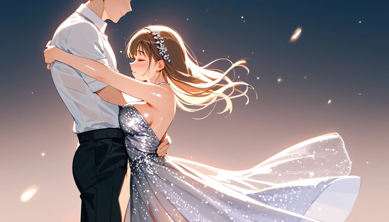 score_9, score_8_up, score_7_up, detailed, rating safe, absurdity, night, from side, face focus, 1girl, 20years old, dancehall, dancing with boy, cheek‐to‐cheek dancing, shy, looking at boy, shiny skin, large breasts, breast apart, evening dress, neckline dress, aline dress, see-through:0.3, 1boy, faceless male, 