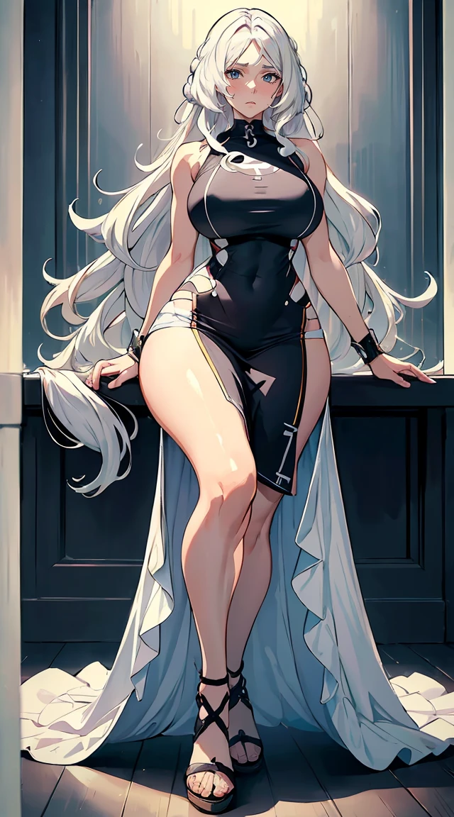 handsome mature woman，Long wavy white hair，Hyperresolution，accuracy，Detailed rendering，（Subtle facial image）（Image of fine hair）（topquality）（Masterpieces of masters）（High degree of completeness）（A sense of atmosphere）tmasterpiece，Super detailed and super detailed（half-body portrait）((Masterpiece, Highest quality)), Detailed face, CharacterDesignSheet, Full of details, Multiple poses and expressions, Highly detailed, Depth, Many parts，Beautiful，Extremely beautiful，High Balance, Natural light, drawn art style, white hair, curly hair down to ankles, ankle length hair, (((Ankle length hair))) (((thick hair))) (((pokemon trainer)))(((Pokemon gym leader))))(((Gym clothes)))(((Sporty outfit)))(((nO DRESS))) (((bAEBALL CAP)))(((Gym outfit)))(((Workout outfit)))(((Portrait)))(((Looking fierce)))(((Fierce expression)))