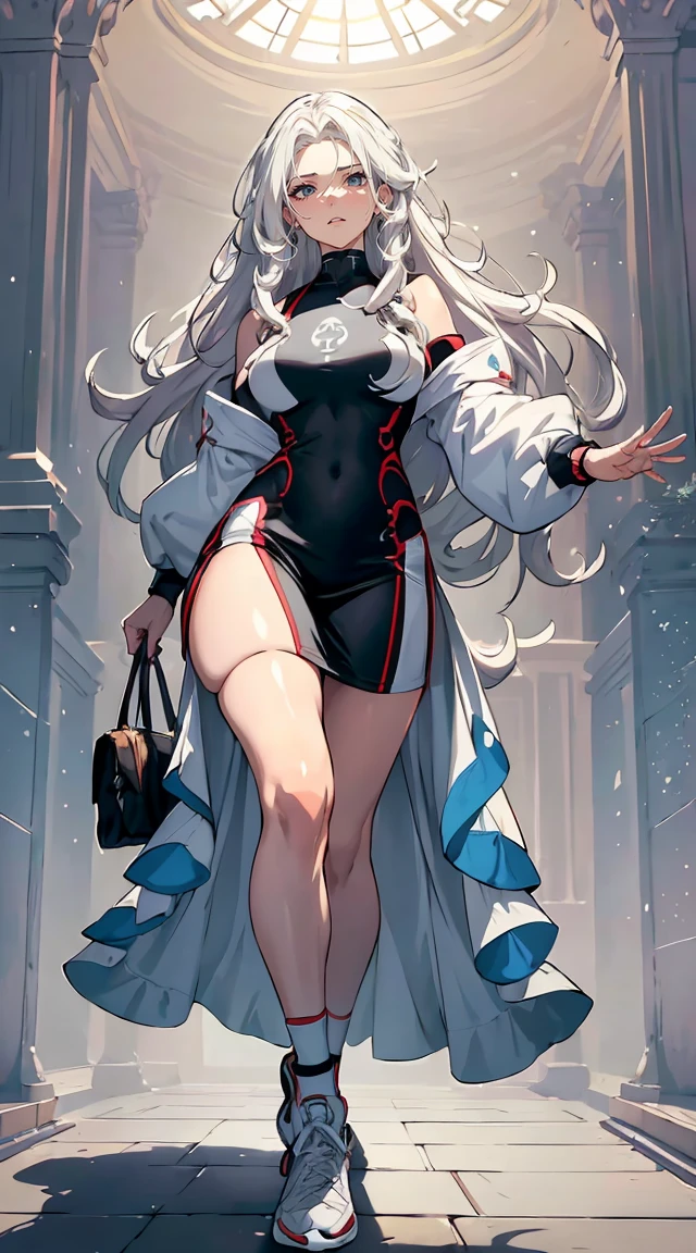 handsome mature woman，Long wavy white hair，Hyperresolution，accuracy，Detailed rendering，（Subtle facial image）（Image of fine hair）（topquality）（Masterpieces of masters）（High degree of completeness）（A sense of atmosphere）tmasterpiece，Super detailed and super detailed（half-body portrait）((Masterpiece, Highest quality)), Detailed face, CharacterDesignSheet, Full of details, Multiple poses and expressions, Highly detailed, Depth, Many parts，Beautiful，Extremely beautiful，High Balance, Natural light, drawn art style, white hair, curly hair down to ankles, ankle length hair, (((Ankle length hair))) (((thick hair))) (((pokemon trainer)))(((Pokemon gym leader))))(((Gym clothes)))(((Sporty outfit)))(((nO DRESS))) (((bAEBALL CAP)))(((Gym outfit)))(((Workout outfit)))(((Portrait)))(((Looking fierce)))(((Fierce expression)))