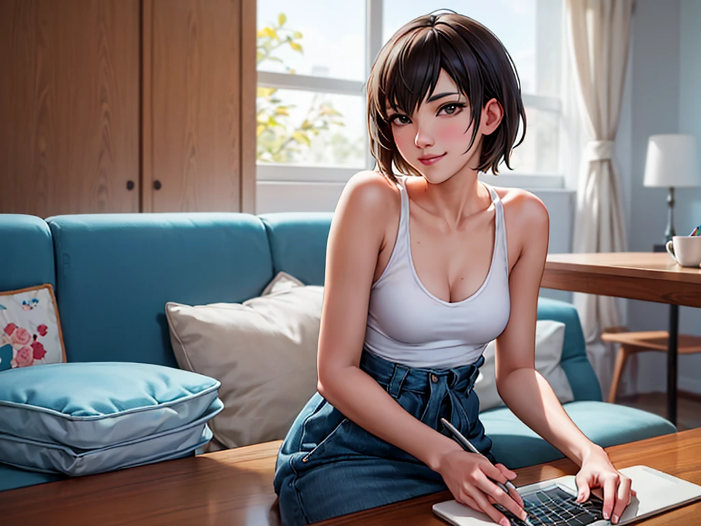 high quality, Makoto Shinkai style, detailed facial details, bright colors, 4K, (solo:1.3), A full-length portrait of a 20-year-old beautiful Japanese woman with short hair, sitting at a dining table in a modern living room. She is wearing a white tank top and a white miniskirt, and is using her laptop to search Google. She is smiling and looking at the camera. The room is decorated with minimalist furniture and a Wi-Fi router is placed on the table