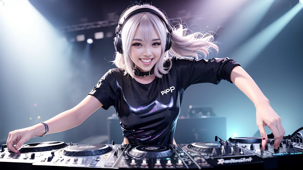(ultra - detailed, 16K resolution, Cinema lenses, rendering by octane), (high resolution:1.18), intricate detail, (masterpiece:1.1), (highest quality:1.1), (1girl, portrait, white hair, blue eyes, short hair, detailed eyes),Wearing silver DJ headphones, Shiny silver sequined T-shirt, (Iconic hip-hop pop costumes:1.3), Smile while DJing on stage, full body shot of, The spotlight shines on the female DJ. Photorealistic photography by Disco Lighting, (cute round face:1.3), perfect fingers, five fingers, beautiful hands, perfect hands. master peace, cute smile.