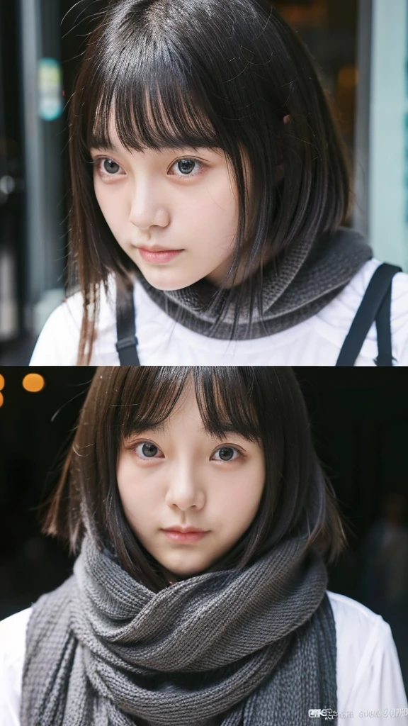 a chinese 18 years old girl with small face type wears gray high  and black short hiar and bangs