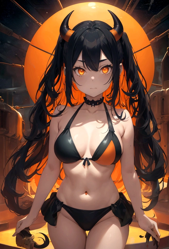 score_9, score_8_up, score_7_up,1 daemon woman, straight demon horns, (black horns),(upward-pointing horns) , vertical horns, black demon tail, (aquamarine hair),aquamarine green color hair,ahoge, long hair, (long hair),bangs, light orange bikini,bikini is orange, bikini orange, orange bikini!, (orange eyes), background is spaceship, orange eyes, 1woman ,facing viewer, daemon girl, bubbles, tube, close up,Well-endowed, alone,Spacecraft interior