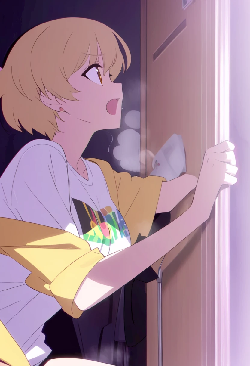 una chica rubia, alta, large breast size, usando sus bragas de color negro. una camisa corta que deja libre su abdomen, la camisa es de color blanco. estilo anime, abriendo la puerta de tu cuarto.