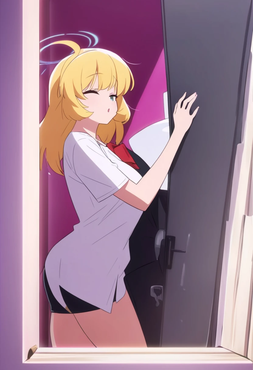 una chica rubia, alta, large breast size, usando sus bragas de color negro. una camisa corta que deja libre su abdomen, la camisa es de color blanco. estilo anime, abriendo la puerta de tu cuarto. 