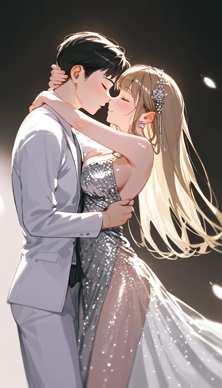 score_9, score_8_up, score_7_up, detailed, rating safe, absurdity, night, from side, face focus, 1girl, 20years old, dancehall, dancing with boy, cheek‐to‐cheek dancing, shy, looking at boy, shiny skin, large breasts, breast apart, evening dress, neckline dress, aline dress, see-through:0.3, 1boy, faceless male,