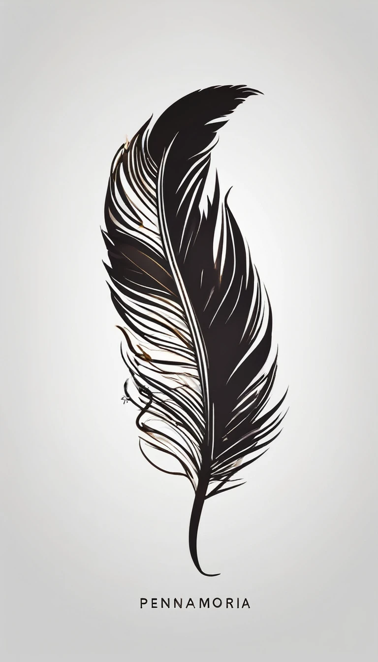 Create a logo design of a special, unique, poetic, minimalistic feather that represents a special creative brand called " Penamemoria". The brand is created by an artist called Rafael Figueiras. The logo must convey the sense of storytelling and music. Must include a boy, one acoustic guitar, a feather and a fantastic bird. Logo design and icon design present and impressed on a white t-shirt.