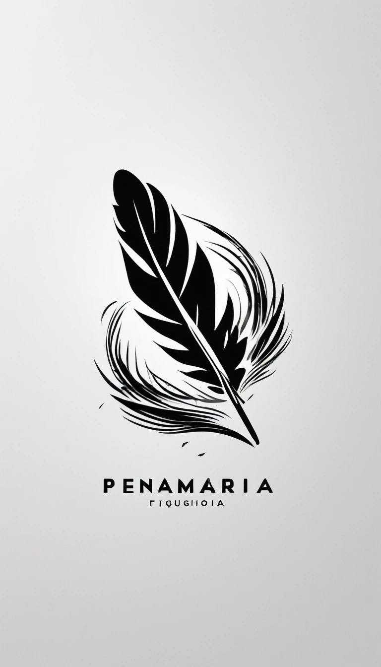 Create a logo design of a special, unique, poetic, minimalistic feather that represents a special creative brand called " Penamemoria". The brand is created by an artist called Rafael Figueiras. The logo must convey the sense of storytelling and music. Must include a boy, one acoustic guitar, a feather and a fantastic bird. Logo design and icon design present and impressed on a white t-shirt.