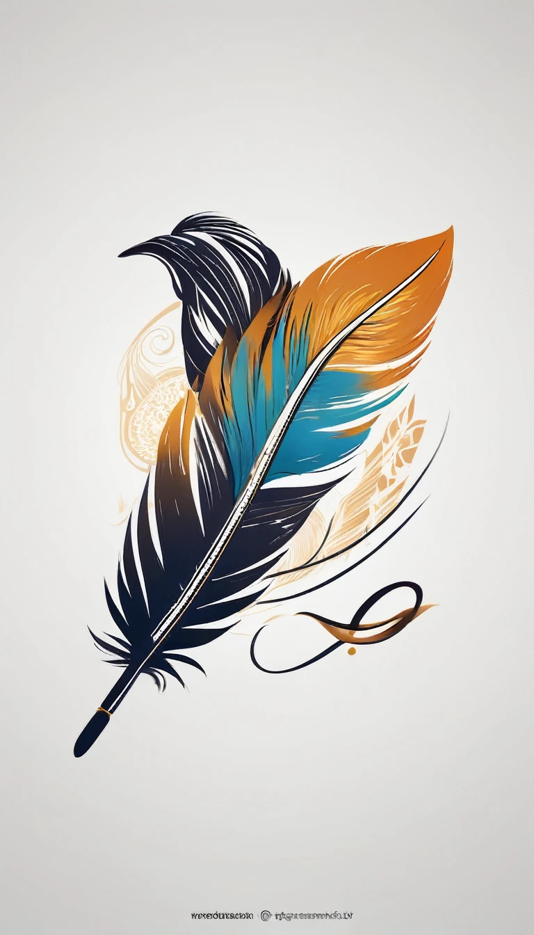 Create a logo design of a special, unique, poetic, minimalistic feather that represents a special creative brand called " Penamemoria". The brand is created by an artist called Rafael Figueiras. The logo must convey the sense of storytelling and music. Must include a boy, one acoustic guitar, a feather and a fantastic bird. Logo design and icon design present and impressed on a white t-shirt.