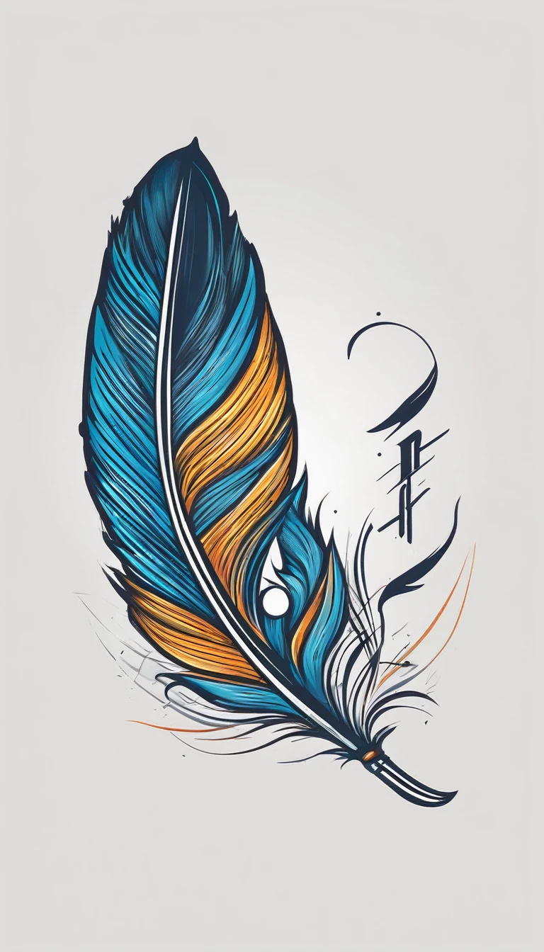 Create a logo design of a special, unique, poetic, minimalistic feather that represents a special creative brand called " Penamemoria". The brand is created by an artist called Rafael Figueiras. The logo must convey the sense of storytelling and music. Must include a boy, one acoustic guitar, a feather and a fantastic bird. Logo design and icon design present and impressed on a white t-shirt.