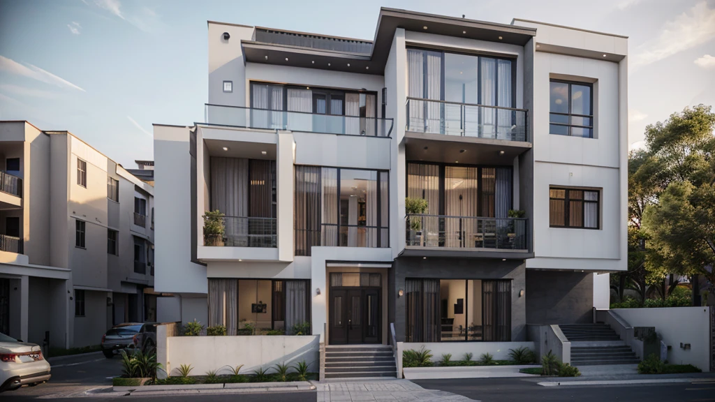 a rendering of a two story building with a staircase leading to the second floor, building facing, realistic building, perspective view, an extremely detailed building, architectural concept, office building, rendered 3d model, single building, full building, 3d rendering, 3 d rendering, perspective view, multistory building, orthographic 3d rendering, realistic concept, white mix black color, ISO 1600, dark color