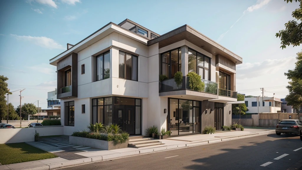 a rendering of a two story building with a staircase leading to the second floor, building facing, realistic building, perspective view, an extremely detailed building, architectural concept, office building, rendered 3d model, single building, full building, 3d rendering, 3 d rendering, perspective view, multistory building, orthographic 3d rendering, realistic concept, white mix black color, ISO 1600, dark color