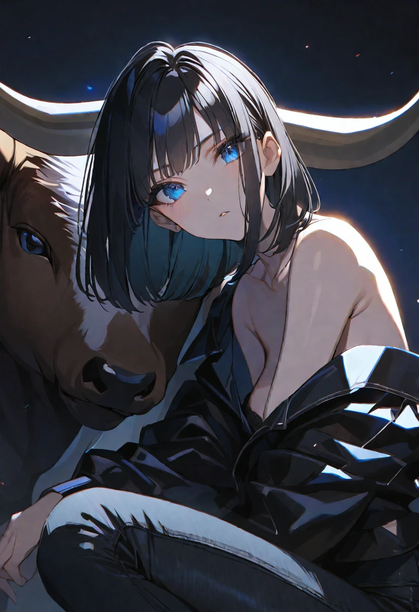 solo, handsome, Glossy feel,
1. Female,
Hime cut,Straight Hair,Bob Hair,
black hair,
Nakano Yotsuba,
Blue Eyes,Soft look,beautiful,beautiful,Sexy,
Darkness,ox,
black Off Shoulder,black Distressed jeans,
skin,Alluring,
black background,Black Rose